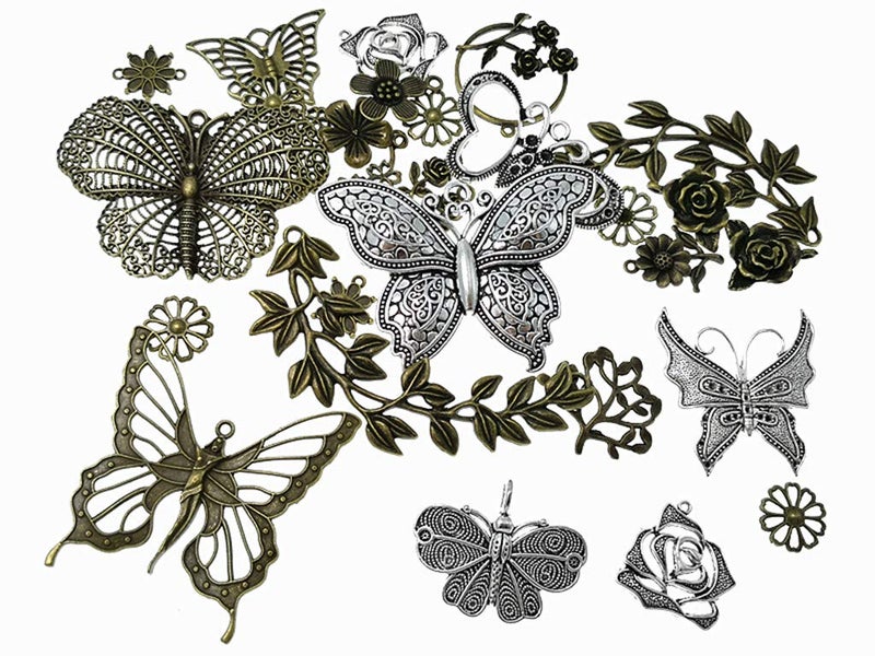 Kinteshun Butterfly Flower Leaf Charm Pendant for DIY Jewelry Making Accessaries(29pcs,Silver&Bronze Tones) - Image 1